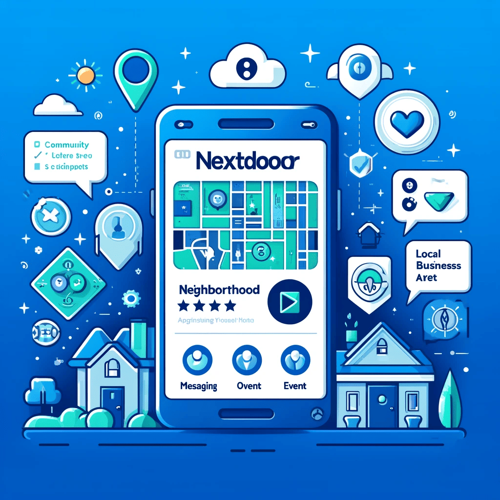 DALL·E 2024-10-08 05.23.23 - An illustration showcasing the development of a neighborhood app like NextDoor using a clone solution. The image should feature a mobile phone with an