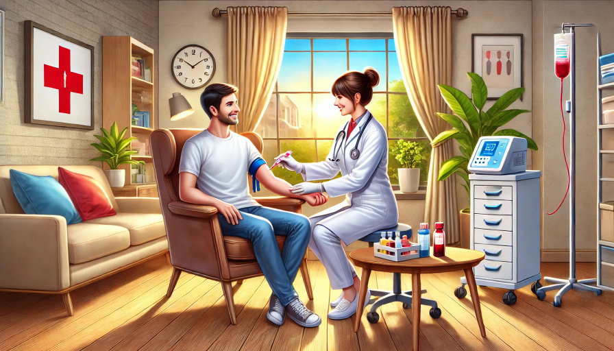 DALL·E 2024-12-08 01.39.35 - A professional and welcoming digital illustration of a home blood sample collection scenario. The scene includes a friendly healthcare worker in a nea