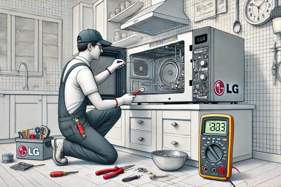 DALL·E 2025-01-16 22.20.20 - A detailed depiction of a repair technician fixing an LG microwave in a home kitchen. The microwave is open, showing its internal components, with too