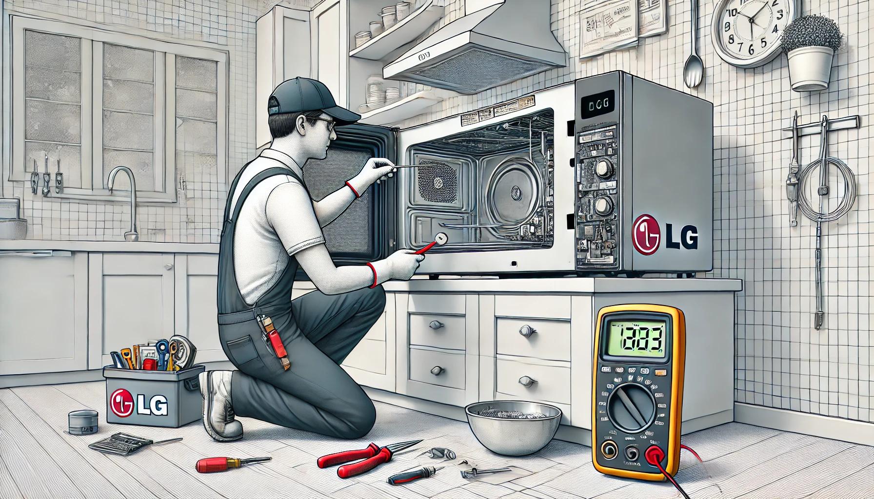 DALL·E 2025-01-16 22.20.20 - A detailed depiction of a repair technician fixing an LG microwave in a home kitchen. The microwave is open, showing its internal components, with too