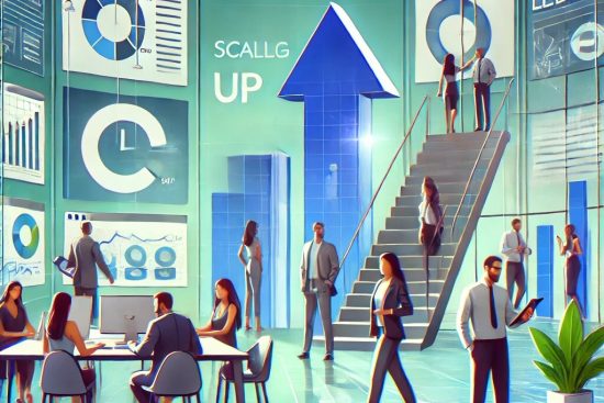 DALL·E 2025-01-21 17.36.22 - A modern and dynamic illustration depicting a marketing agency scaling up through the use of white label PPC services. The scene features a diverse te