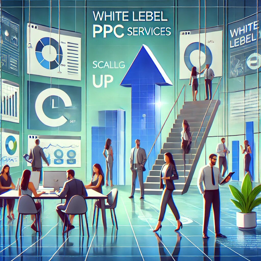 DALL·E 2025-01-21 17.36.22 - A modern and dynamic illustration depicting a marketing agency scaling up through the use of white label PPC services. The scene features a diverse te