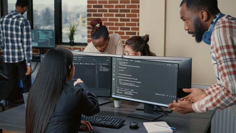 mixed-programers-team-working-group-project-multiple-screens-showing-running-code-it-startup-office-coder-pointing-pencil-computer-screen-with-software-compiling-code_482257-33301