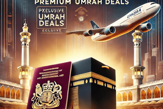 DALL·E 2025-02-17 17.44.14 - A visually captivating image representing an exclusive Umrah journey with premium deals. The image features a luxurious setting with a UK passport, a  (1)