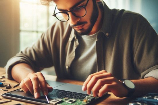 person repairing laptop screen