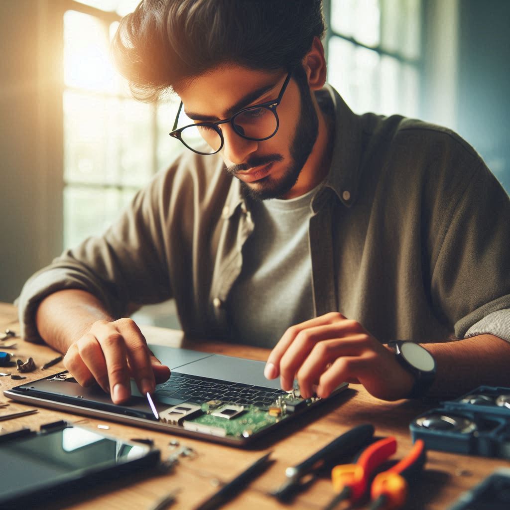 person repairing laptop screen