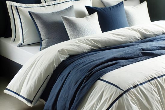 white and navy bed linen